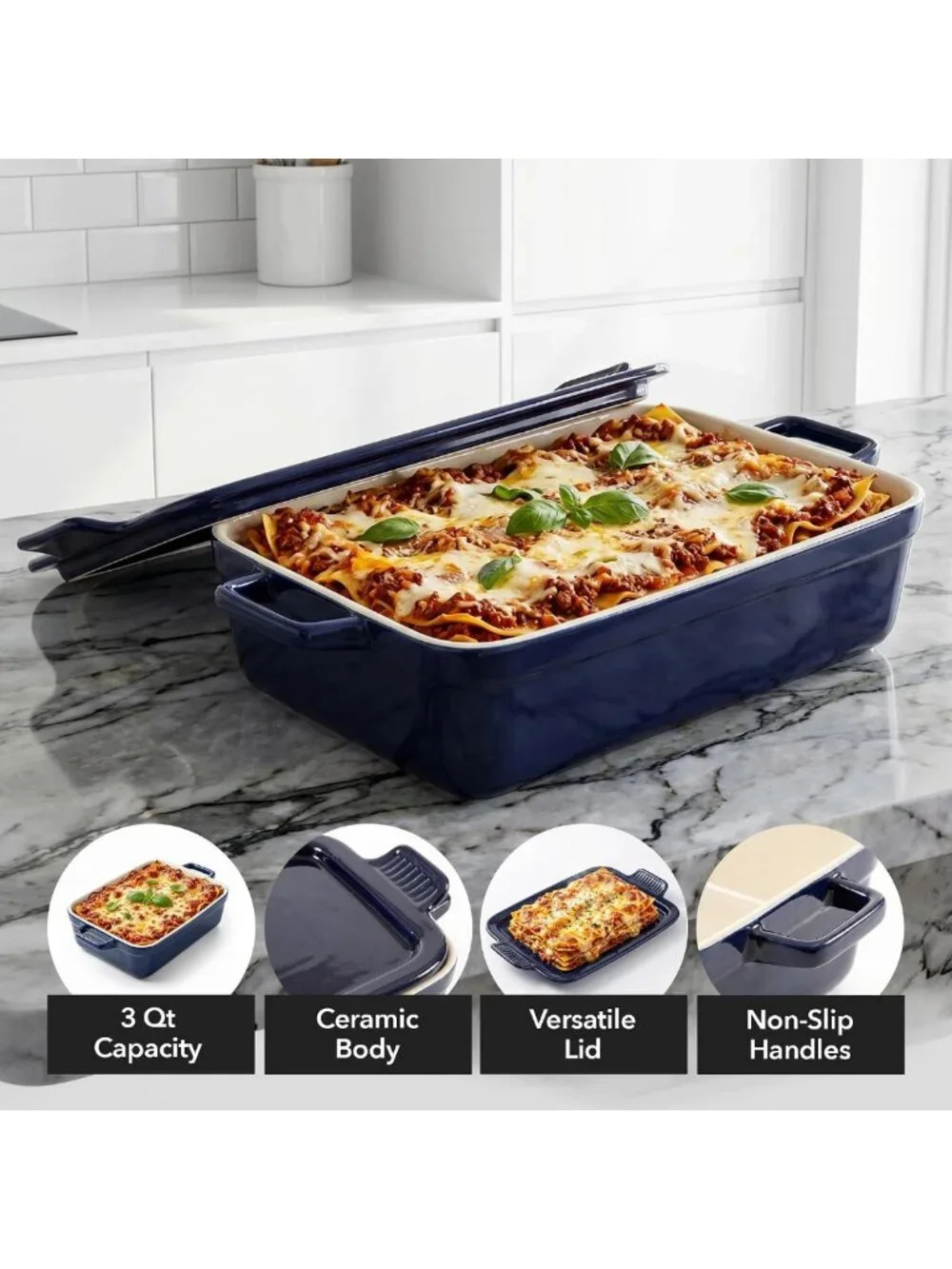 3 Qt Rectangular Ceramic Baking Dish with Lid - Stylish Blue Kitchen Essential